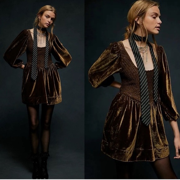 FREE PEOPLE Brown is the new Black Farrier Velvet Smocked Mini Dress New - Picture 1 of 4